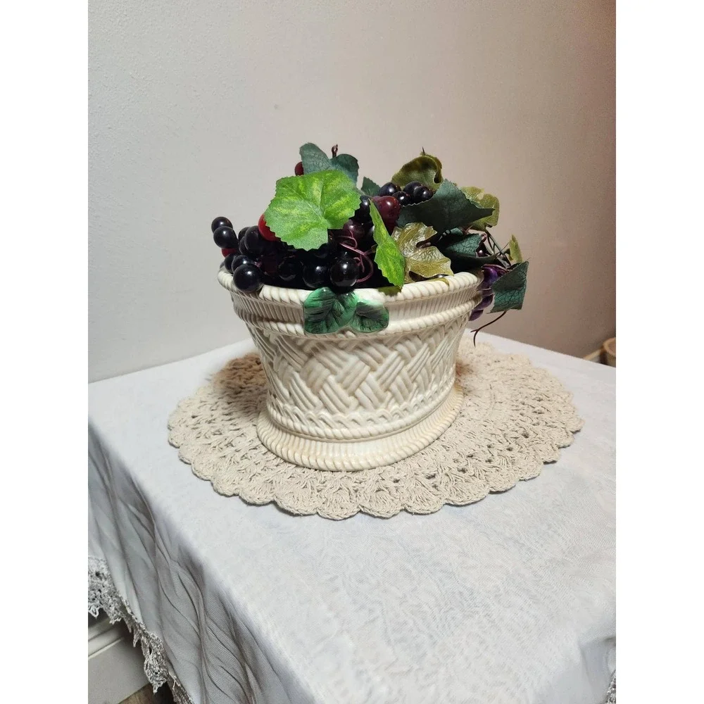 Noble Excellence Vintage Wicker Ceramic Grape Centerpiece Bowl Oval Plantr Cream